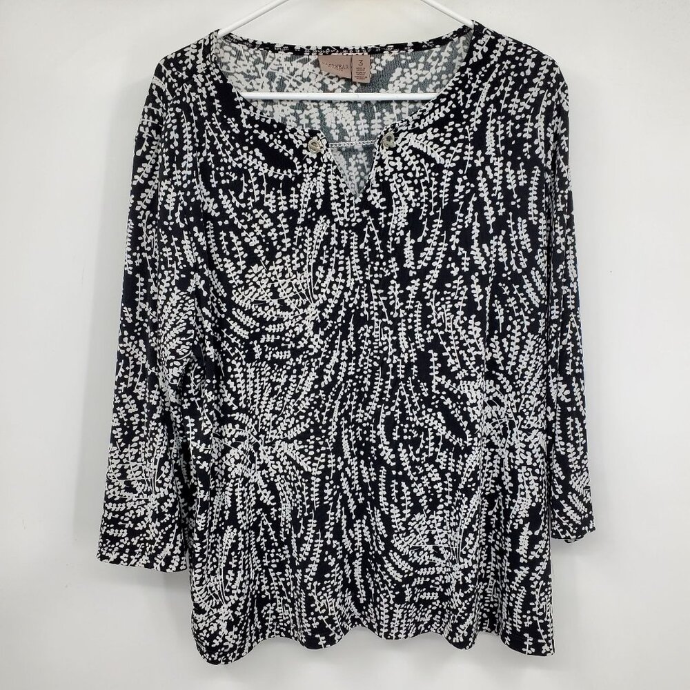 Easywear by Chico's Black and White Floral Printed 3/4 Sleeve Career Shirt XL